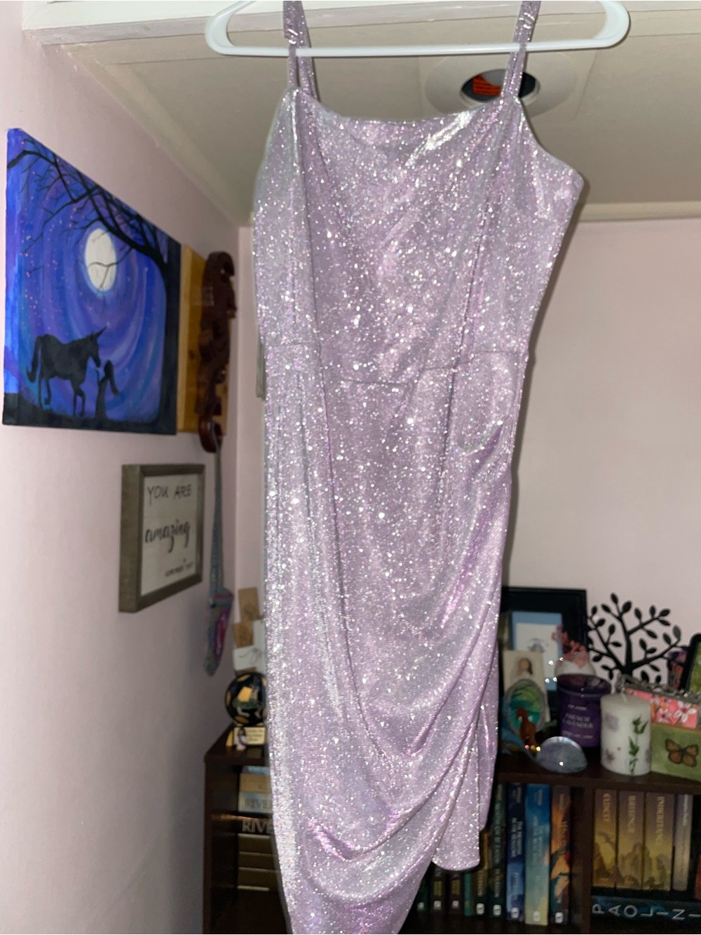 Lilac sparkly Dress with Drape Detail